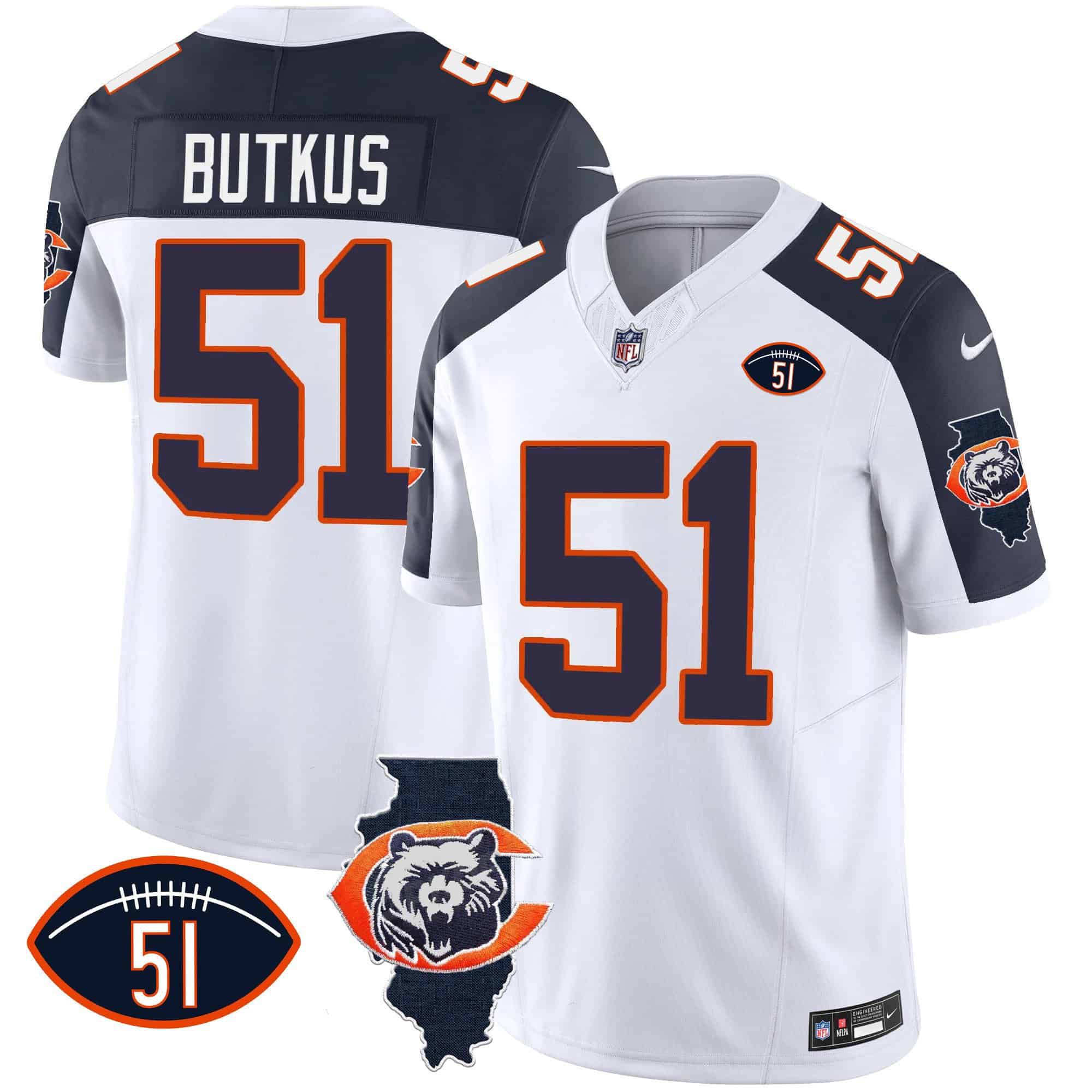 Men Chicago Bears 51 Butkus White 2024 Nike Throwback Illinois Patch Vapor NFL Jersey style 2
